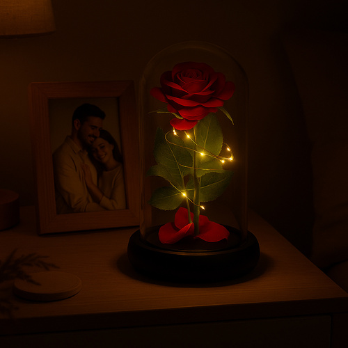 Kunstig Rose I Glass Rosa Med Lys